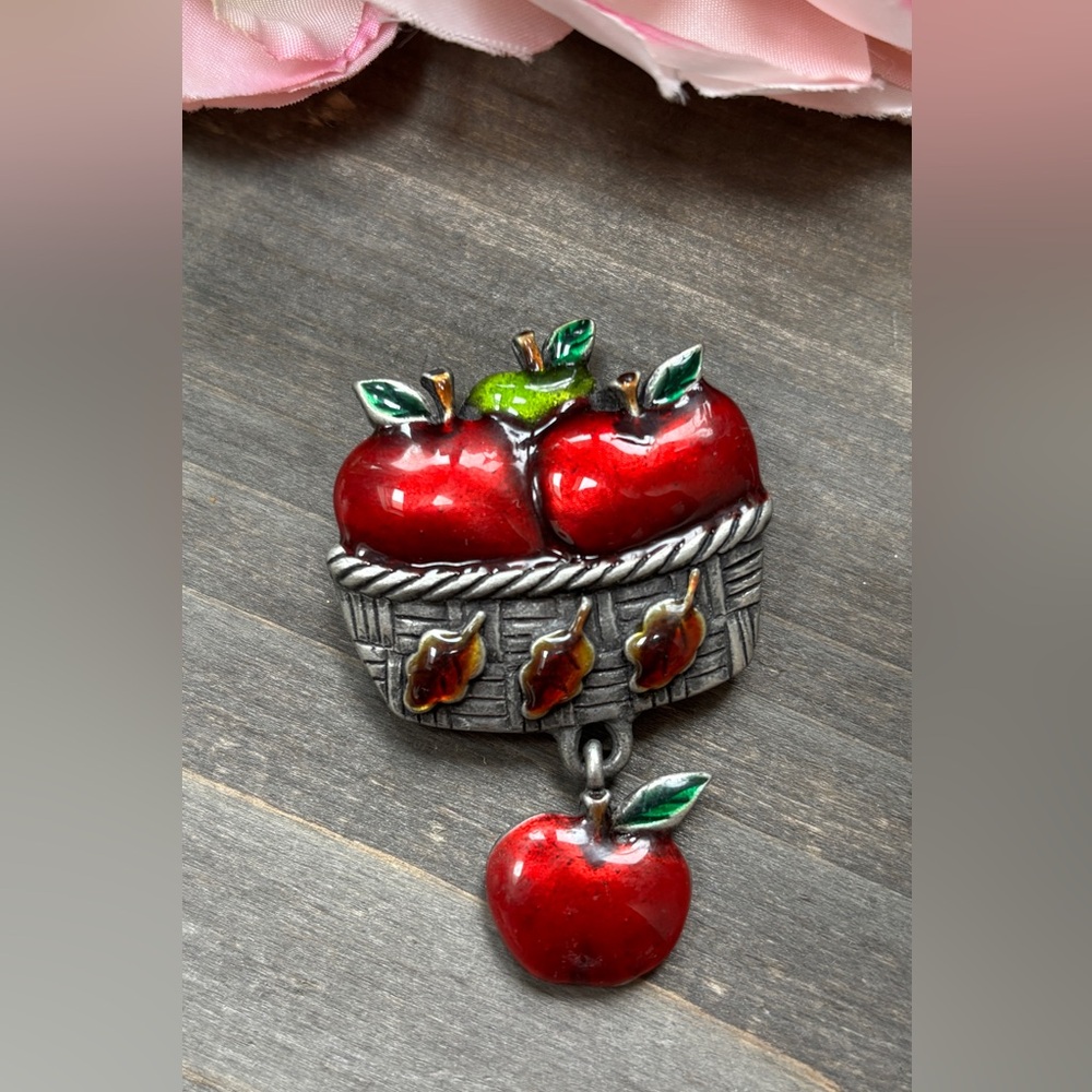 AJMC Vintage Pewter Brooch Pin Enamel Red Green Apple Basket Teacher Charm